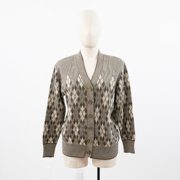 Vintage 80s M Argyle Plaid Print Sweater Brown - Picture 10 of 10